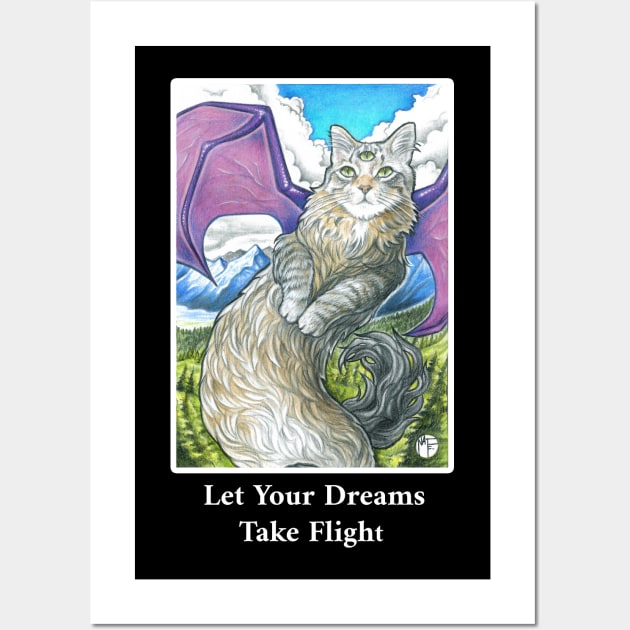 Cat Dragon - Let Your Dreams Take Flight Quote - Black Outlined Version Wall Art by Nat Ewert Art